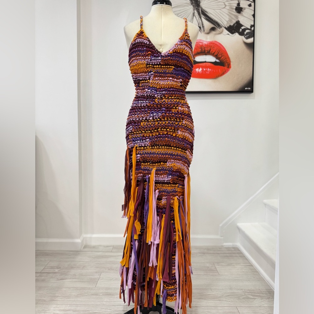 ULLA JOHNSON Emmalina Crochet Fringe Cotton & Silk Maxi Dress in Violet Orange - Picture 5 of 14